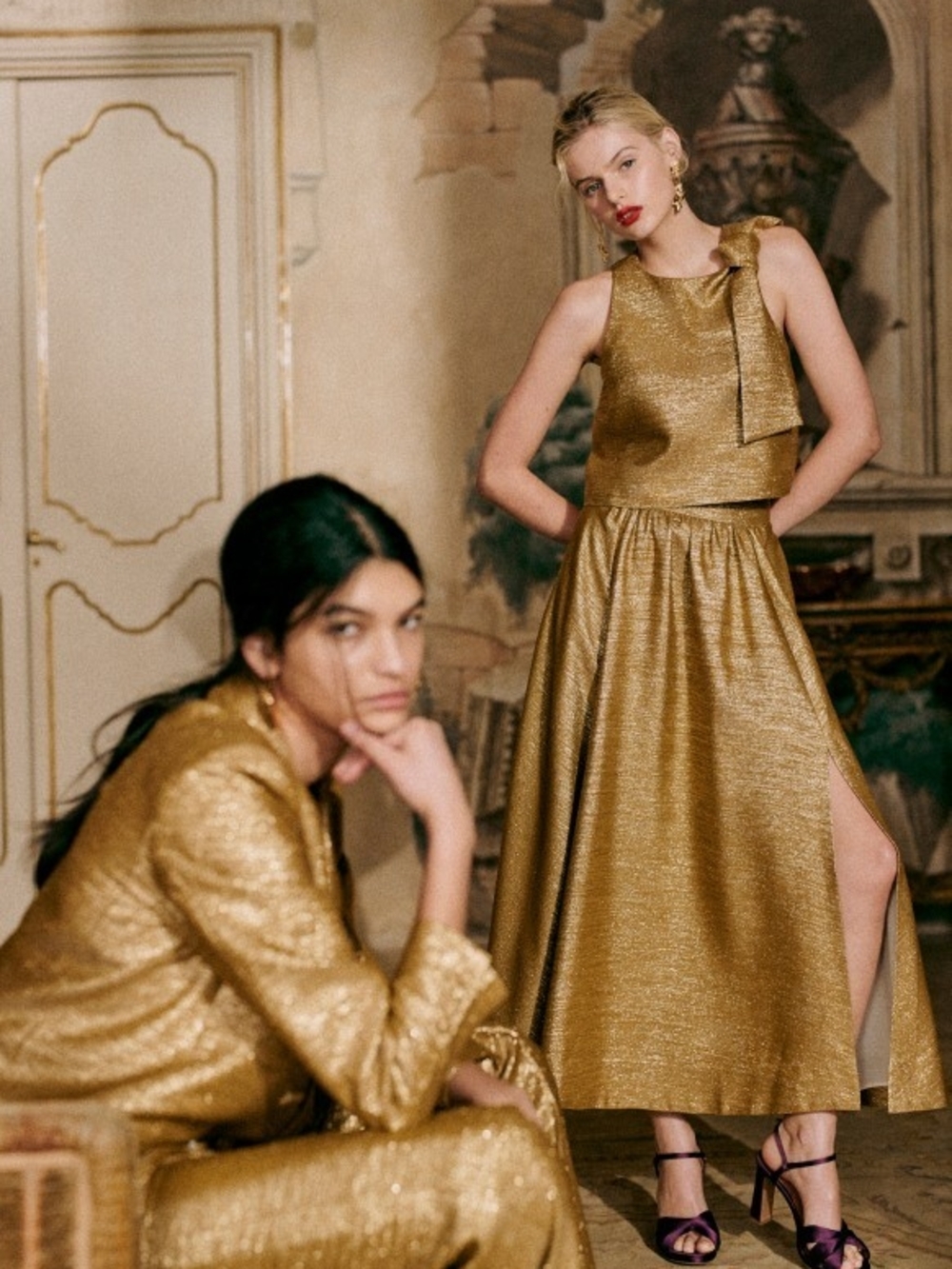Sezane Editions Gold Metallic Maxi Skirt with Side Slit Size 2